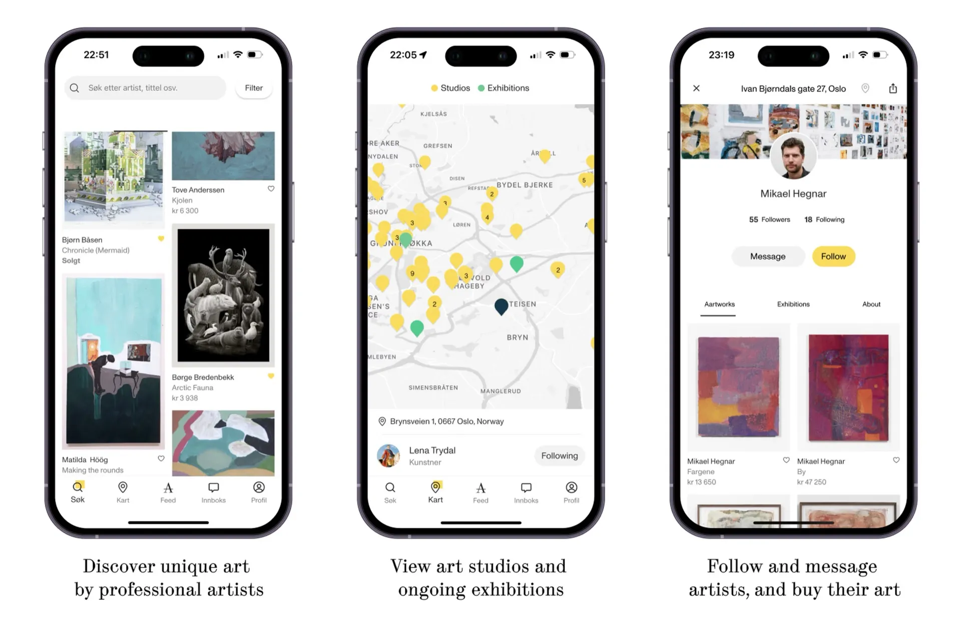 Three screens from the Atelie app: searching artworks, a map of studios and exhibitions, and an artist profile.